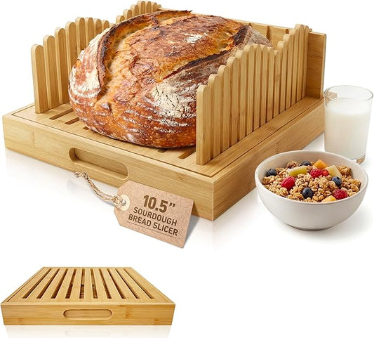 Adjustable bread slicer and multi-purpose tray for slicing handmade bread, sourdough, large loaves, baguettes, and other homemade breads. Suitable for home bakers and bread enthusiasts.