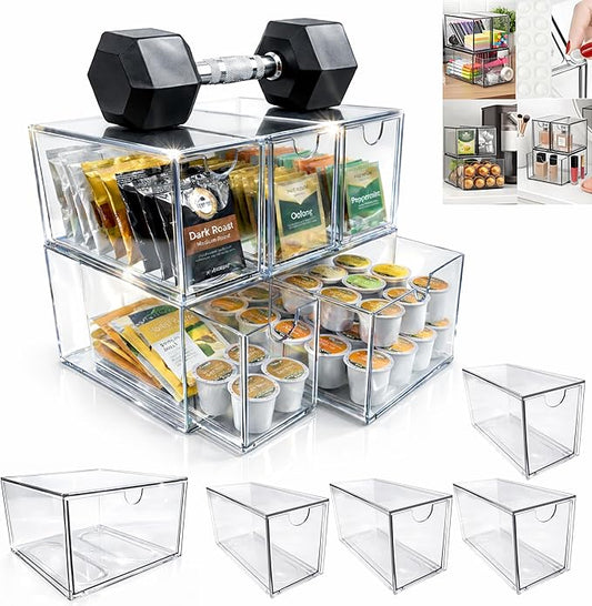 Coffee Pod and Tea Bag Organizer Drawer – Crystal-Clear Acrylic Tea Bag Drawer, Easy to Clean & Stackable for K-Cups, Tea, Sugar Packets in Office, Gym & Kitchen Cupboard (5-Pack)
