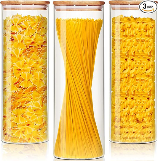 HomArtist Glass Jars with Bamboo Lids 79 FL OZ [Set of 3], Glass Canisters with Airtight Lids, Glass Food Storage Containers for Spaghetti, Fettuccine, Linguine,Pasta, Best for Kitchen & Pantry
