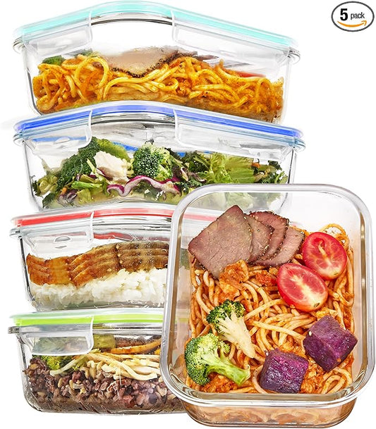 Vtopmart 5 Pack 35oz Glass Food Storage Containers with Lids, Meal Prep Containers, Airtight Reusable Lunch Container Set, Safe for Oven, Microwave, Freezer, and Dishwasher, Multicolour
