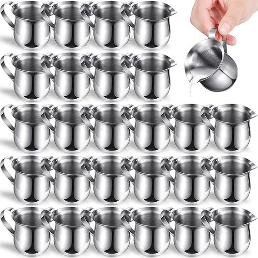 Potchen 24 Pack Stainless Steel Bell Creamers 3 Ounce Creamer Pitcher Mini Coffee Milk Pitchers with Handle and Pouring Spout Cups for Serving Espresso, Tea, Milk, Maple Syrup, Sauce