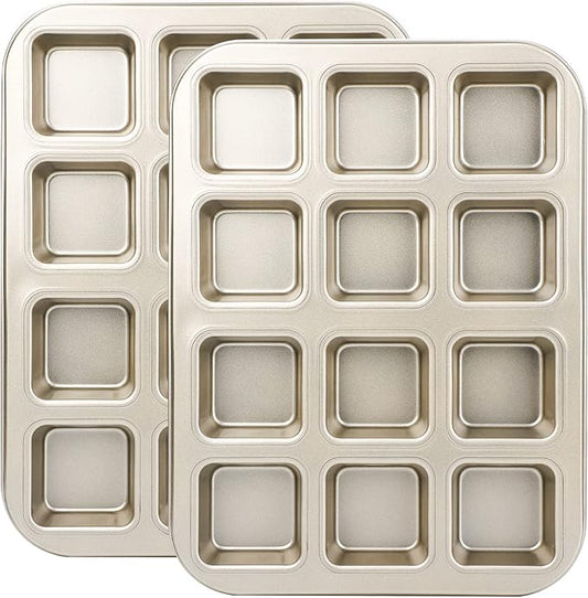 Beasea Brownie Pan with Dividers, 2 Set Gold All Edges Square Cupcake Brownie Pans 12 Mini Cavity Non Stick Baking Carbon Steel Bread Mold Small Edge 3x4 Individual Cutter Sheet Tray for Cake Oven