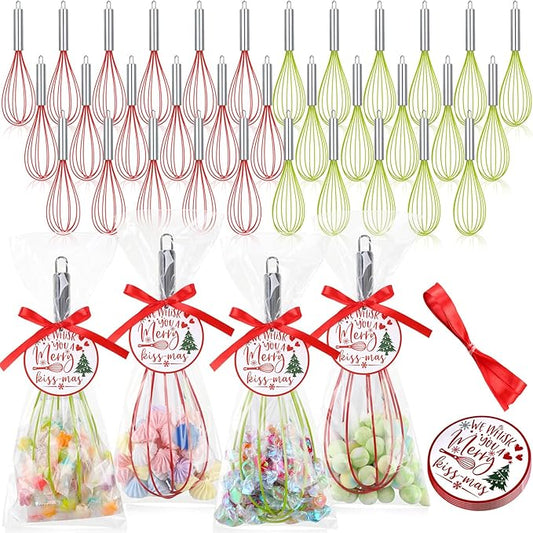 100 Sets 12 Inch Christmas Whisks Gifts DIYFillable Christmas Tree Ornaments Xmas Colored Silicone Whisks for Cooking Heat Resistant Egg Beaters with Card Rope Bag for Candy Holder
