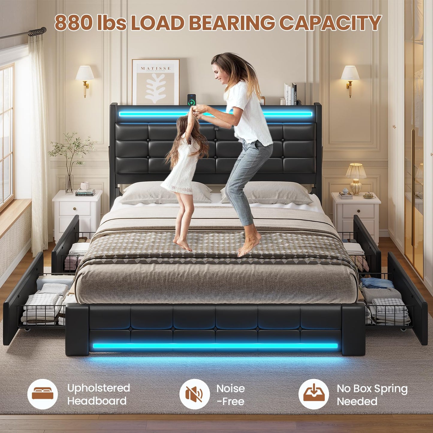 ADORNEVE Queen Bed Frame with Storage Headboard & 4 Drawers, LED Bed Frame Queen with Charging Station, Leather Upholstered Platform Bed Frame with Button Tufted, No Box Spring Needed, Black PU
