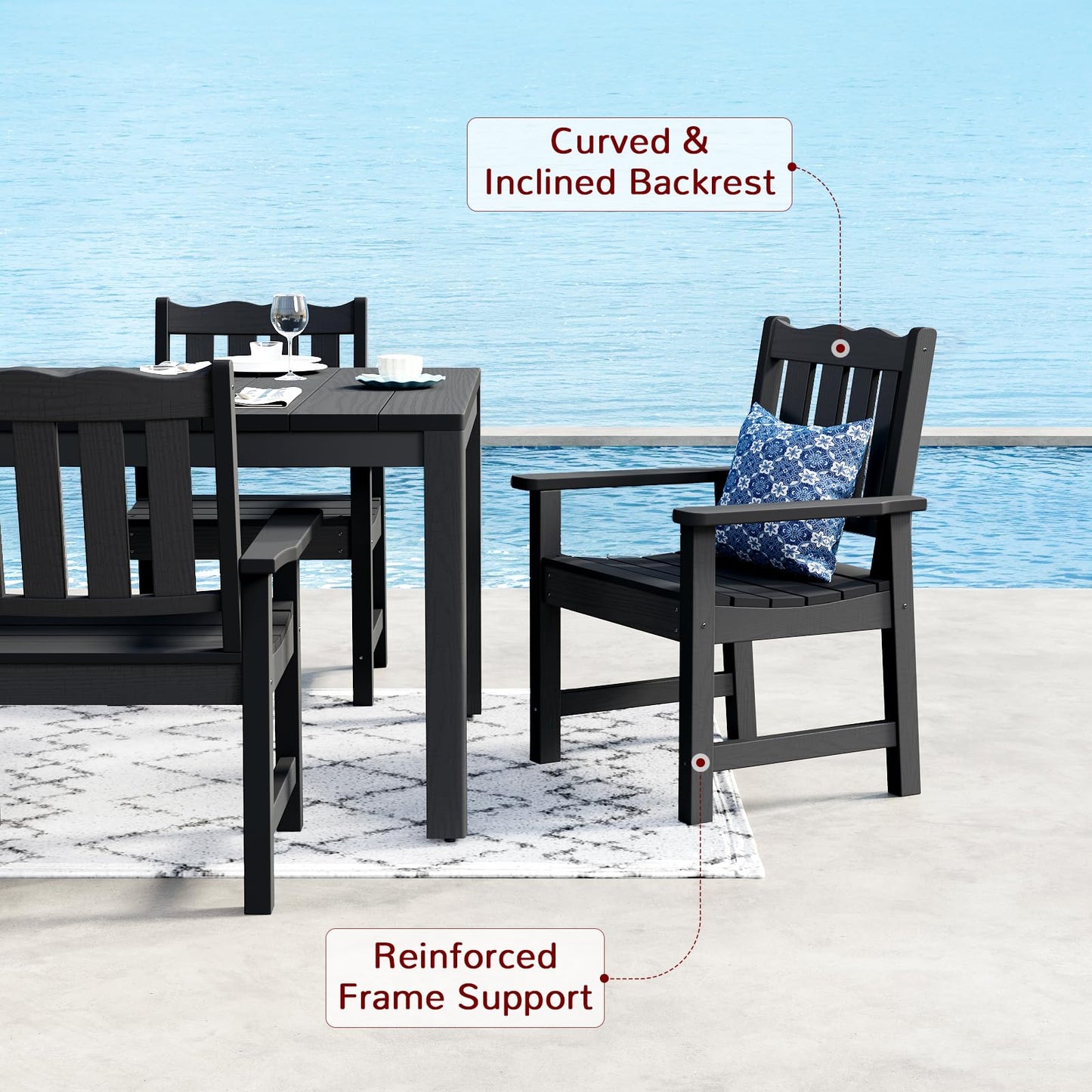 Stoog All-Weather Outdoor Chairs, Patio Dining Chair with Curved Backrest, 400 lbs Support Patio Chair, Black