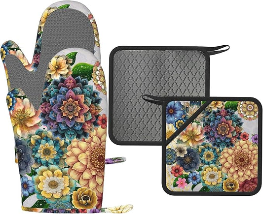 Mandala Boho Oven Mitts and Pot Holders Set Silicone Kitchen Gloves Potholders Heat Resistant for Chef Baking Cooking Grilling BBQ (Set of 4)