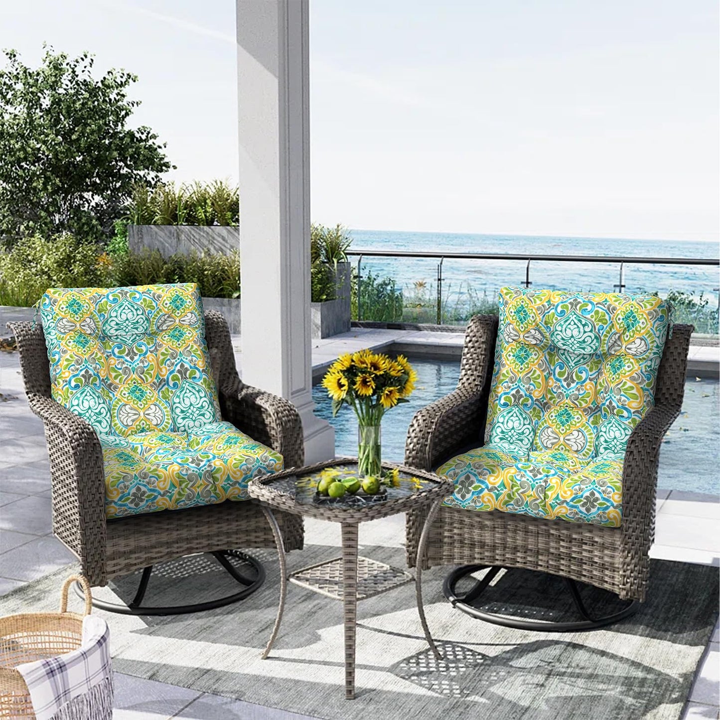 Melody Elephant Outdoor Chair Cushions, Tufted Back Patio Furniture Cushions Set of 2, Water Repellent Wicker High Back Chair Cushion for Home Garden Lounge Deep Chairs, 42x21x4 Inch, Damask Green
