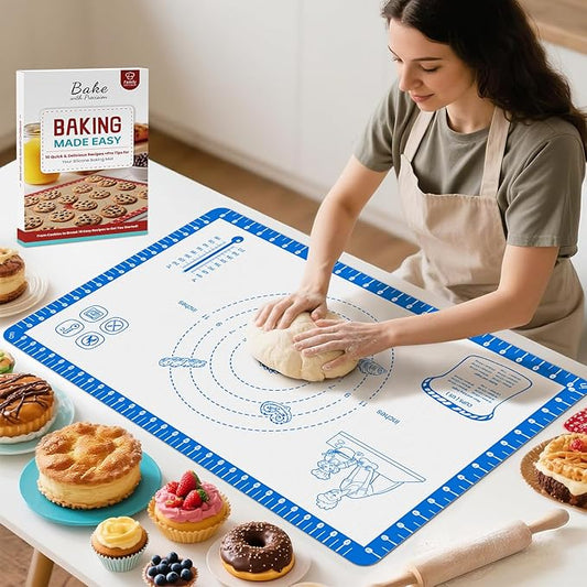 Non Stick Silicone Pastry Mat for Dough Rolling,Silicone Baking Mat with Measurement for Baking Pie Crust, Pizza & Cookies, Baking Sheet With 10 Recipes 480°F Oven Safe