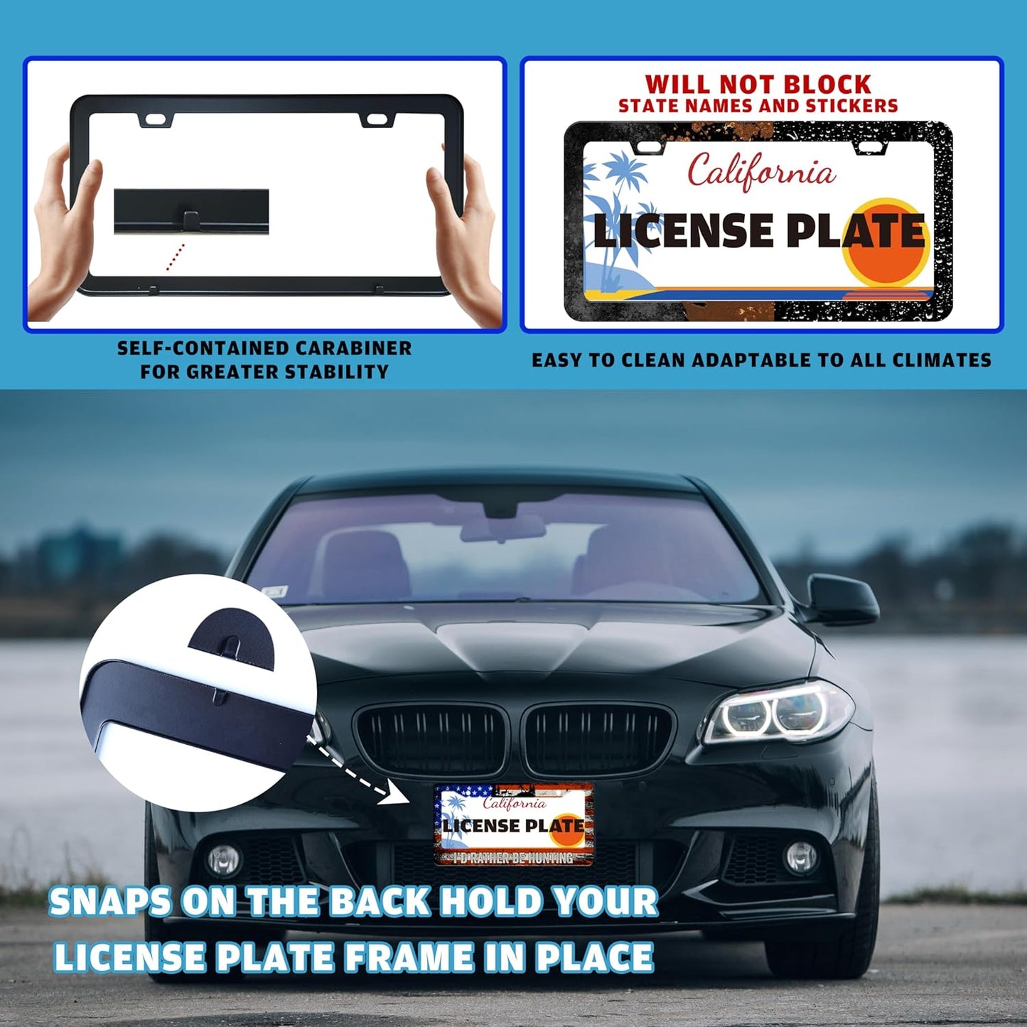 I'd Rather Be Hunting License Plate Frame Retro American Flag License Plate Holder for Front or Rear Car Tags Durable Stainless Steel Car Funny Decoration with Screws 6.3 X 12.2 Inch for Men Women