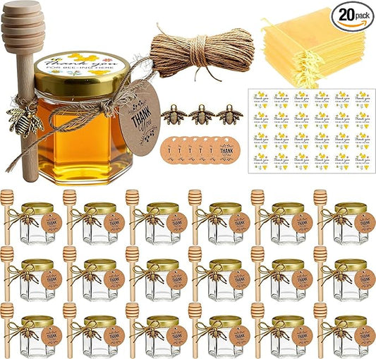 Adabocute Mini Honey Jars - Hexagon Little Glass Honey Jar with Gold Lids, Wooden Dippers, Bee Charms and Jutes - Small Honey Jars for Baby Showers, 20Pack