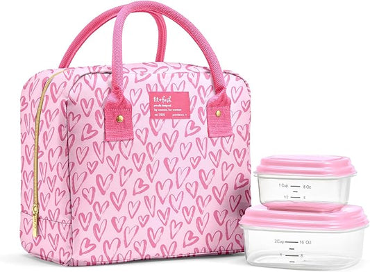 Fit & Fresh Bloomington Lunch Bag for Women - Insulated Large Lunch Box for Work with Containers, Leak-Resistant, Stain-Resistant, Zipper Closure, Pink Doodle Hearts