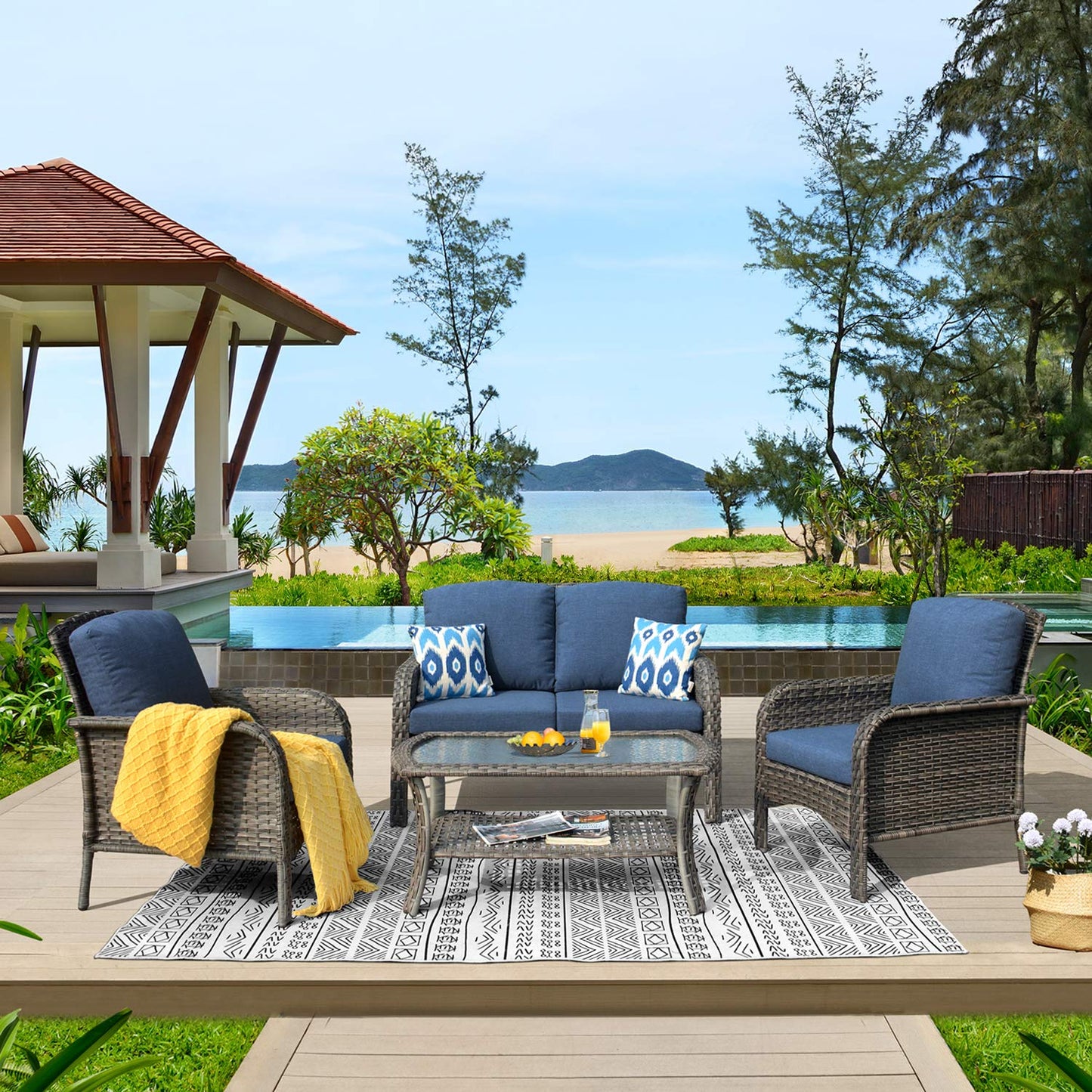 ovios 4 Pieces Patio Furniture Set, Outdoor Wicker Sofa with Coffee Table, Chairs, All Weather High Back Rattan Loveseat Couch with Comfy Cushions, Denim Blue
