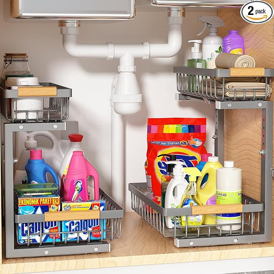 Liuoud Under Sink Organizer 2 Pack, 2 Tier Slide Out Large Capacity Height Adjustable Under Sink Organizers and Storage for Kitchen Bathroom Cabinet, Grey