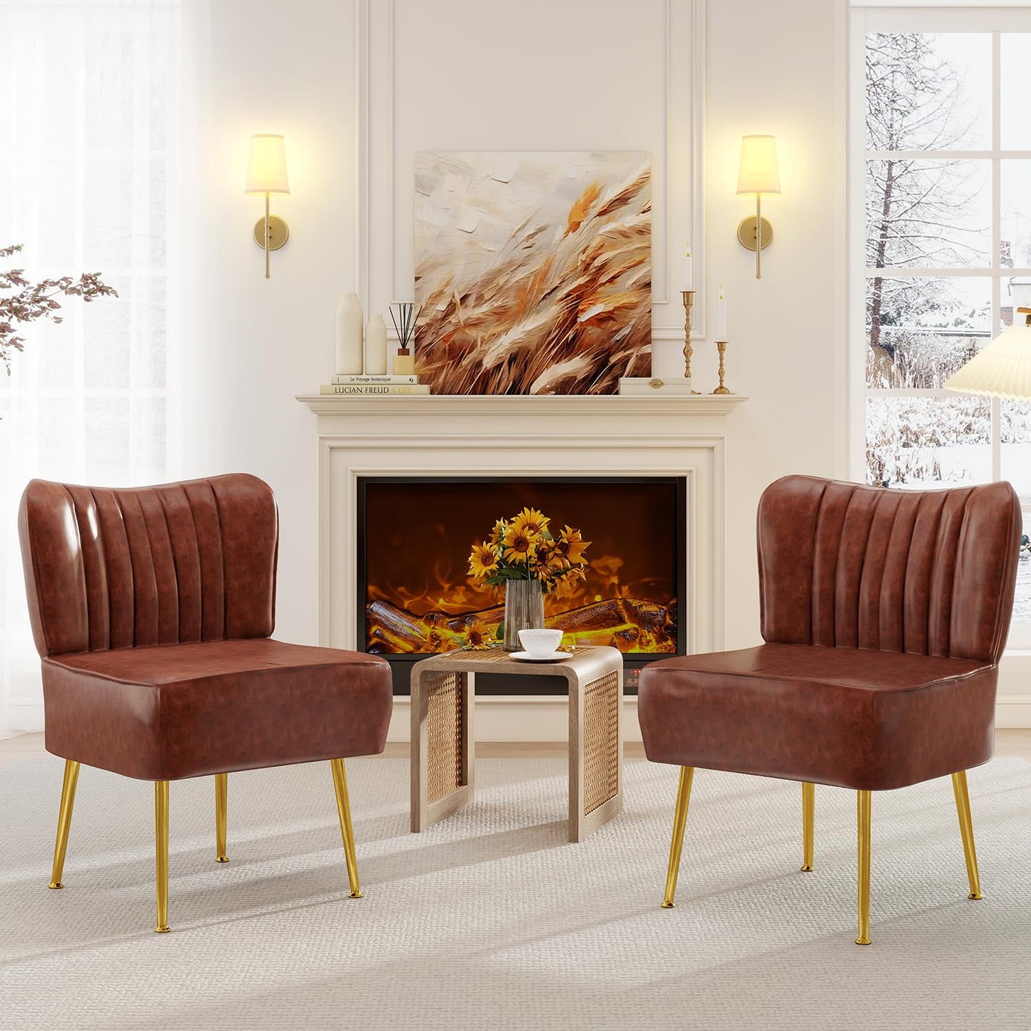 Accent Chair,Modern Armless Accent Chair for Living Room,Modern Comfy Accent Chairs,PU Leather Upholstered Chair with Soft Cushion for Bedroom, Balcony, Lounge, or Reading Living Room,Brown
