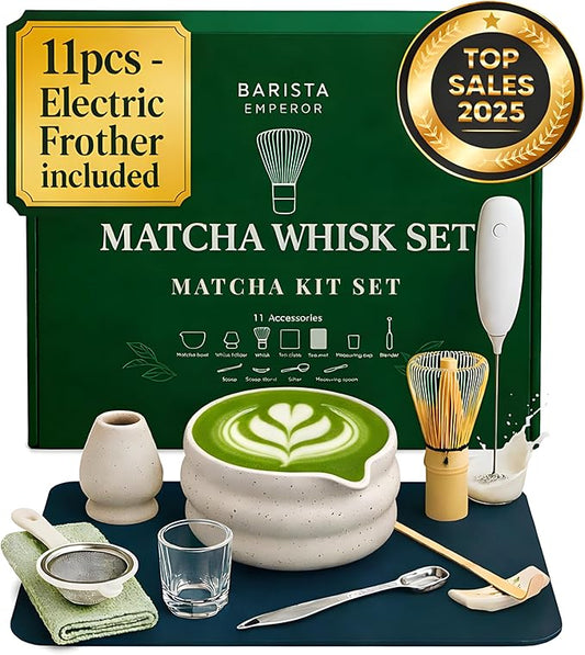 BARISTA EMPEROR® MATCHA WHISK SET PREMIUM 11pcs - Professional Matcha Kit Set with Matcha Bowl, Matcha Whisk, Milk Frother, Spoon, Sifter, Scoop, Stand, Cup, Tea Mat, Cloth - Matcha Bowl Set