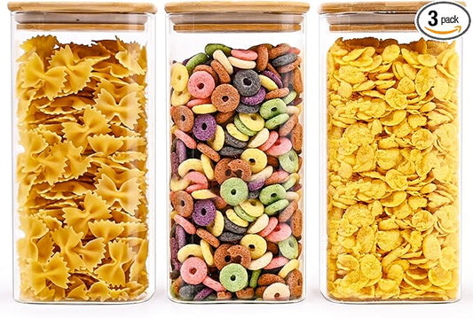 SHOWIN Glass Food Storage Jars Square 51oz, 3 Pack Glass Jars With Bamboo Lids, Kitchen Storage Containers For Spice, Candy, Cookie, Storage For Pantry Organizers
