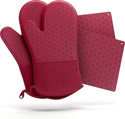 Cosy House Collection 4-Piece Oven Mitt & Pot Holder Set - 500°F Heat Resistant Trivet Cooking Gloves - Flexible, Durable & Comfortable Long-Lasting Silicone - Cooking, Baking & Grilling (Red)