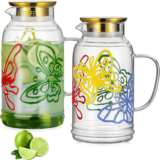 Buaic Glass Pitcher with Lid and Handle,2 PACK 68 oz/2 Liter Vintage Hand Painted Butterfly Design Fridge Water Pitcher, Borosilicate Glass Water Carafe for Hot/Cold Water Iced Sun Tea,Heat Resistant
