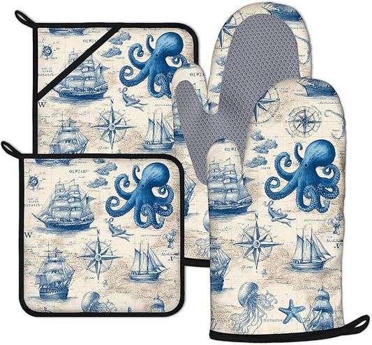 Sea Octopus Compass Oven Mitts and Pot Holders Sets 4Pcs Silicone Non-Slip Mitts Heat Resistant Gloves Hot Pads for Kitchen Cooking Baking Grilling BBQ