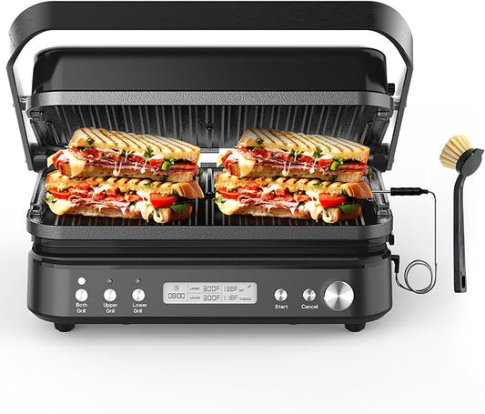 CATTLEMAN Panini Grill Press Sandwich Maker with Removable Plates, 1600W, 5 in 1 Smokeless Indoor Grill & Griddle with Meat Thermometer, PFAS Free Ceramic Nonstick Reversible Plates, Opens Flat