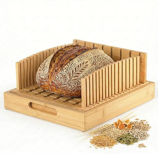 Stop Crushing Your Sourdough - 10.5" Extra Wide Bamboo Bread Slicer Guide with Crumb Catcher Board - Premium Wood Cutter & Serving Tray for Homemade Artisan Loaves, Kitchen Gadget Gifts for Bakers