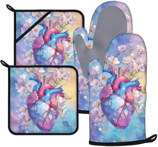 Valentine's Day Oven Mitts and Pot Holders Sets 4Pcs Silicone Non-Slip Mitts Heat Resistant Gloves Hot Pads for Kitchen Cooking Baking Grilling BBQ Heart Flowers
