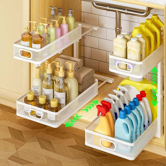 Under Sink Organizer 2-Pack, Metal 2-Tier Pull-Out Cabinet Shelf with Slide-Out Mesh Drawers, Height Adjustable, Space-Saving Under Sink Storage Racks for Kitchen, Bathroom, Laundry Room, White