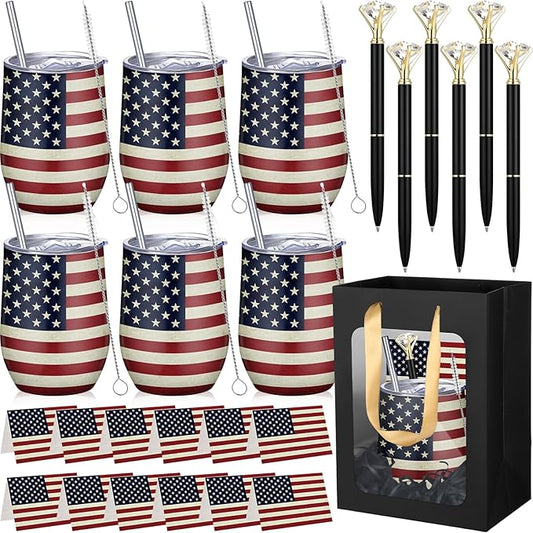 Patelai 30 Pcs 2026 American Flag Pattern Cups Gift Set for Men Women 12oz Stainless Steel Tumbler Mug Cups with Lid and Straw Pens and Card Set with Gift Bags for 4th of July 250th Memorial Day