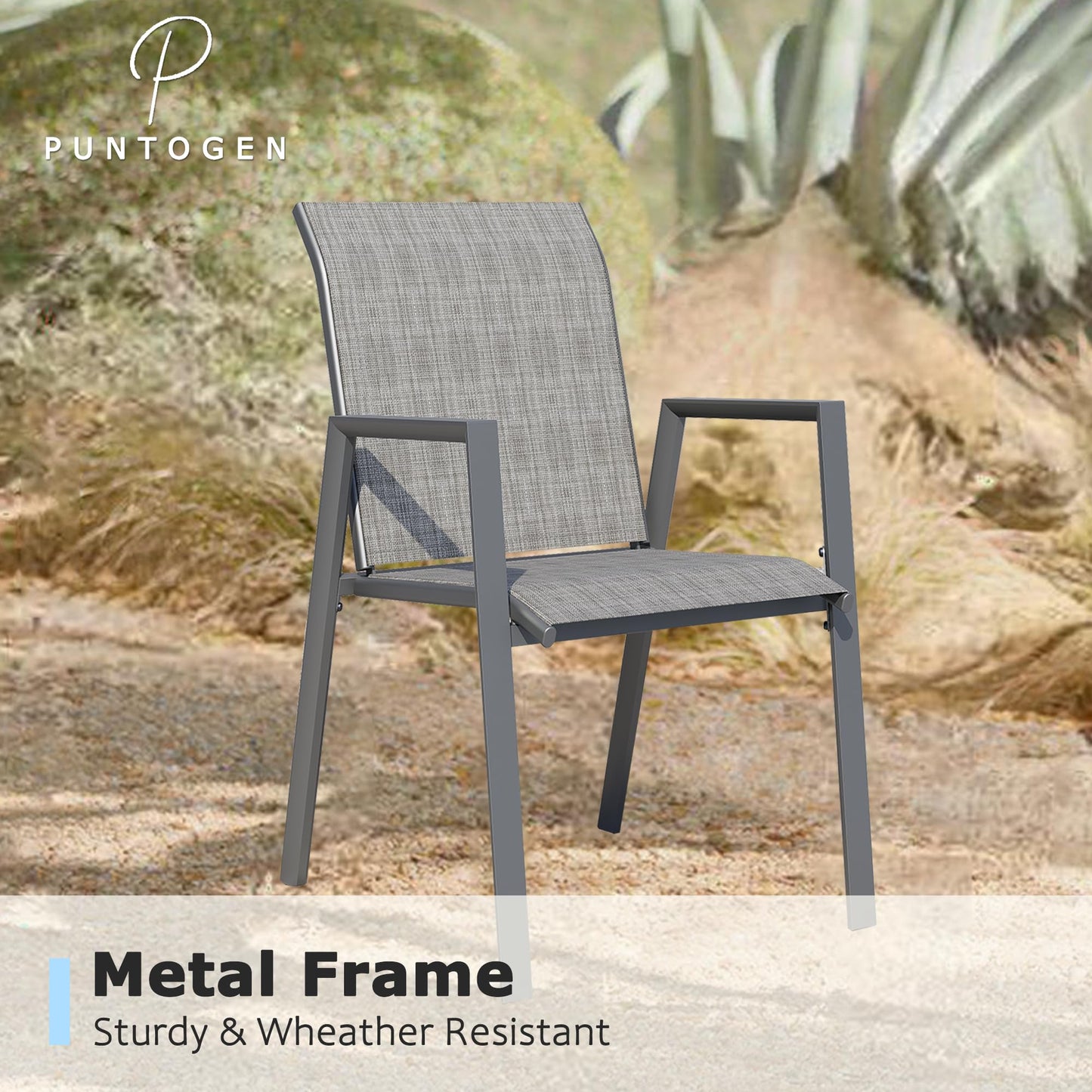Puntogen Stackable Patio Chairs Set of 2, Outdoor Dining Chairs with High Back & Metal Frame, Lightweight Sling Chair for Lawn Garden Deck, Grey