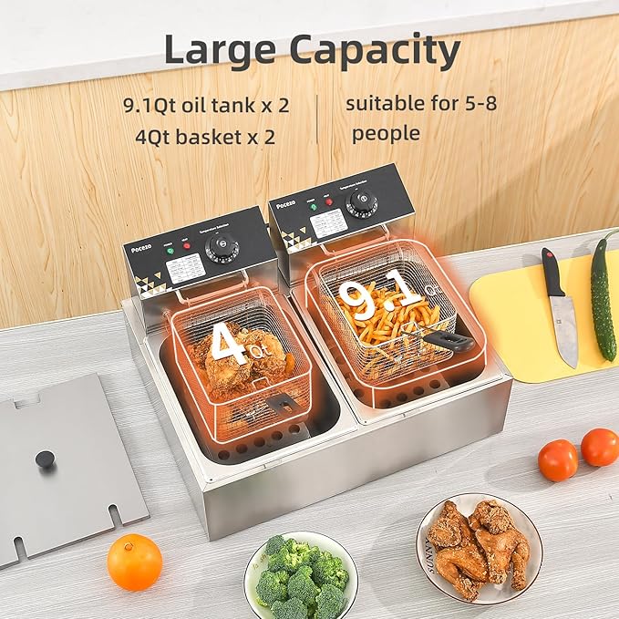 Electric Deep Fryer 17.2L/18.2QT Stainless Steel Dual Tank Commercial Fryer with Basket, 3400W 110V Countertop Deep Fryer for Home Kitchen and Restaurant Use with Oil Thermometer & Temperature Control