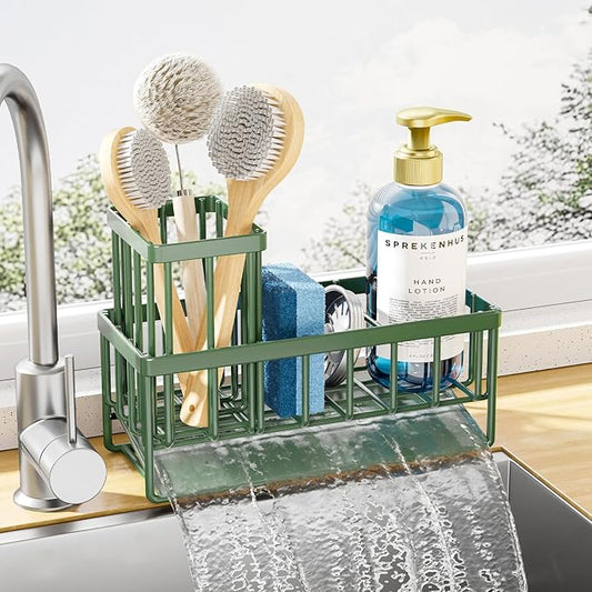 Kitsure Sponge Holder for Kitchen Sink - Rustproof Stainless Steel Sink Caddy Organization and Storage Essentials with High Brush Holder, Home Decor Accessories, 7.9" x 3.7" x 6.2", Sage Green