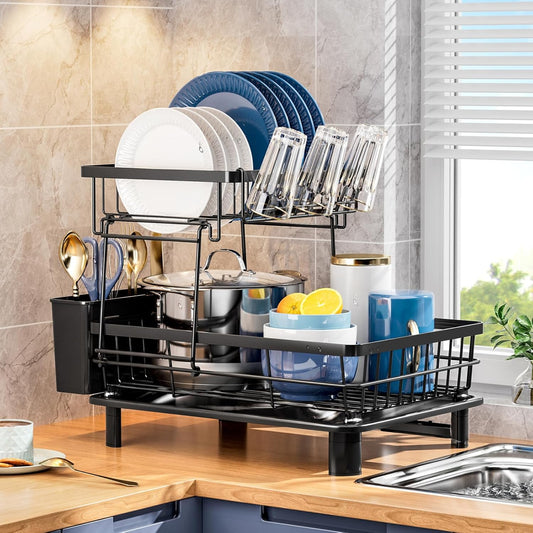 2 Tiers Dish Drying Rack, Space-Saving Dish Racks for Kitchen Counter, Dish Drainer Drying Rack with Drainboard, Utensil Holder Cups Holder Plate Rack and Automatic Drainage Drainboard, Black