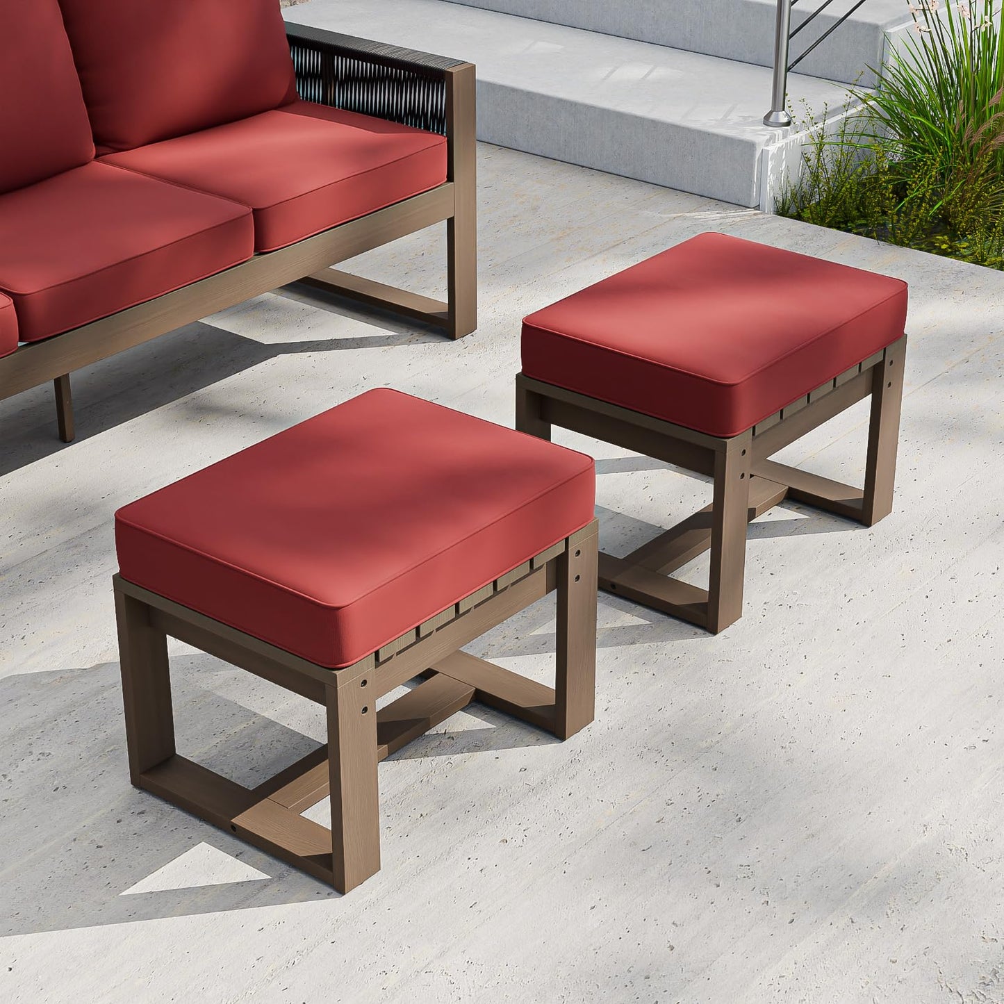 COOS BAY Natural Cedar Outdoor Patio Ottomans with Removable Cushions, Set of 2, Real Wood Footrests for Deck, Porch, Balcony, and Backyard, Brownish/Red