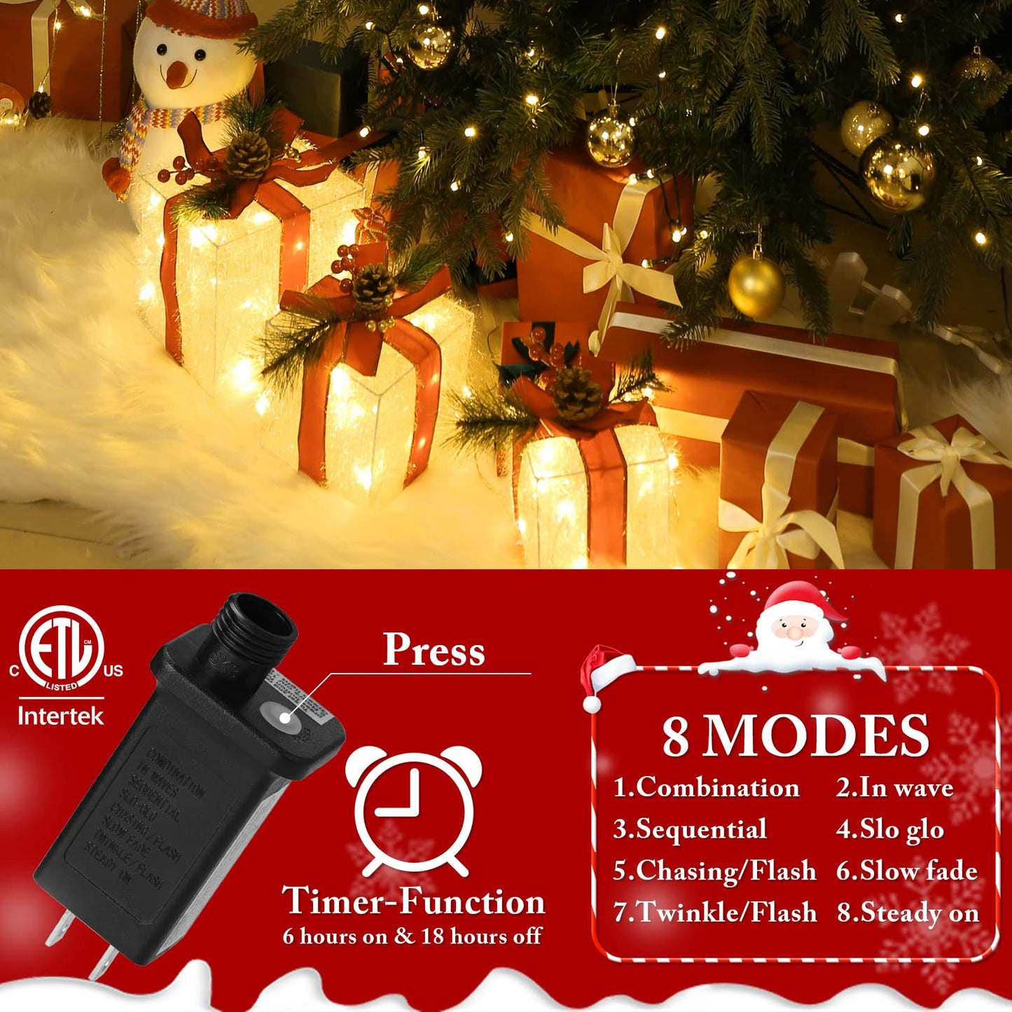 Elegear Christmas Lighted Gift Boxes, Christmas Decorations Indoor 8 Modes & Timer Function Set of 3 Plug-in Light Up Present Boxes with 60 LEDs Christmas Decor with Pine Cones for Holiday Party Xmas