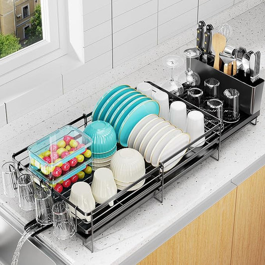 Large Dish Drying Rack, Expandable Dish Rack for Kitchen Counter, Dish Drainer with Drainboard Set, Multifunctional Dishrack with Utensil & Cup Holder, 13.4"-28.7" L x 11.8" W x 7.8" H, Black