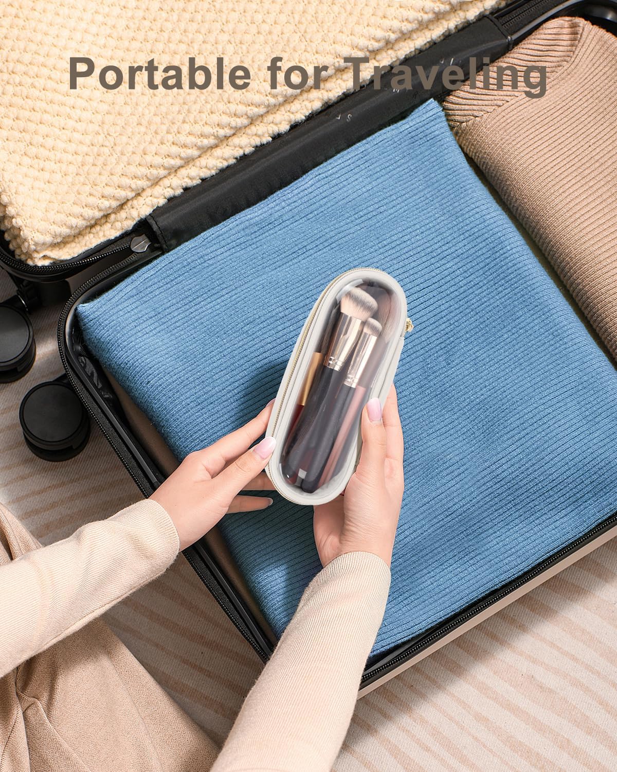 Clear Travel Makeup Brush Holder, Leather Makeup Brush Toiletry Bag, Portable Cosmetic Brush Case, Transparent Waterproof Makeup Brush Storage Bag, White