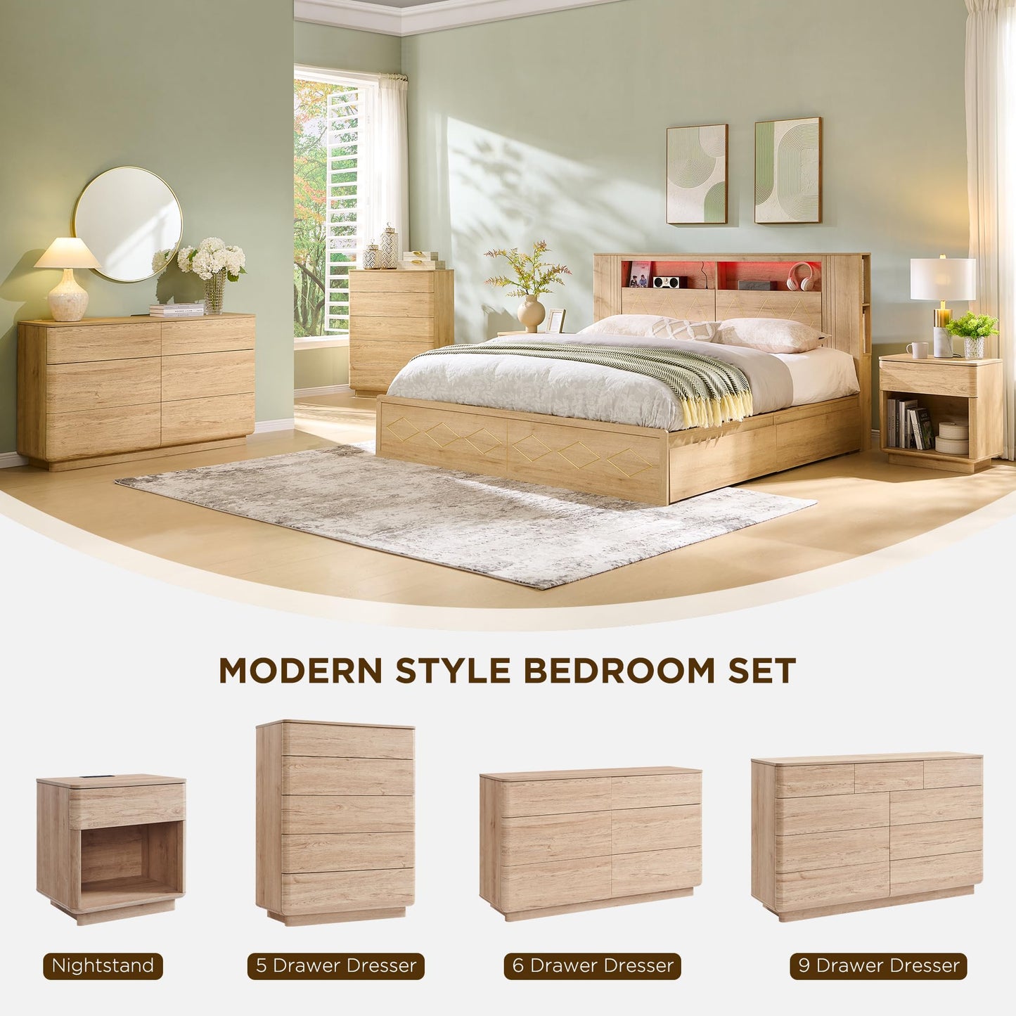 ACCOHOHO Modern 9 Drawer Dresser for Bedroom, Farmhouse 52" Wide Dresser TV Stand with Large Drawers, Natural Texture, Curved Angle for Room, Hallway and Entryway, Nutural Oak