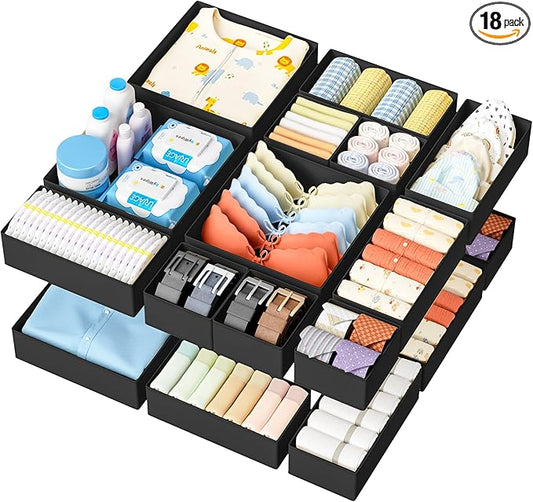 DIMJ Drawer Organizer Clothes - 18 Pack Closet Drawer Organizer Bins for Baby Clothes Storage, Fabric Dresser Organizer for Nursery Bedroom, Foldable Small Drawer Dividers for Underwear Socks