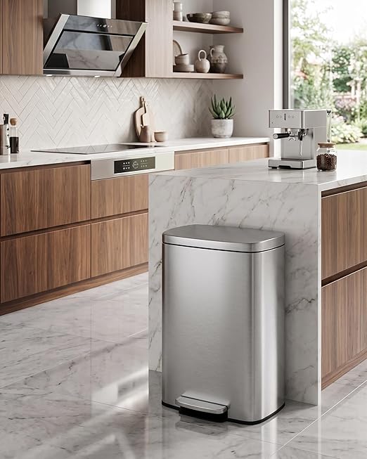 Garvee 13 Gal / 50 L Step-On Trash Can, Stainless Steel Kitchen Garbage Can with Soft Close Lid, Removable Inner Bucket & Rear Handle for Easy Transport