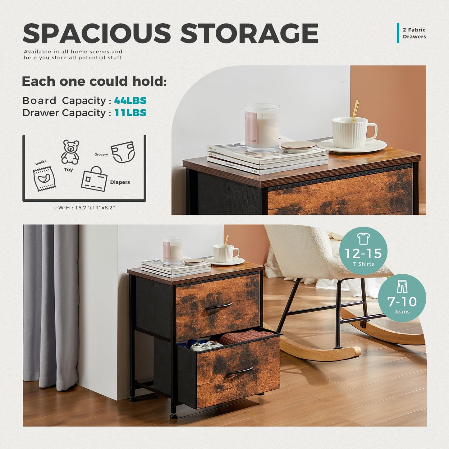 KMFurnila Rust Nightstands Set of 2 with Two Drawer Side Tables Living Room 2 Drawer Dresser Bedroom End Bedside Table Cabinet with Storage Night Stand, Wooden Top Metal Frame Handle, 20'' Tall