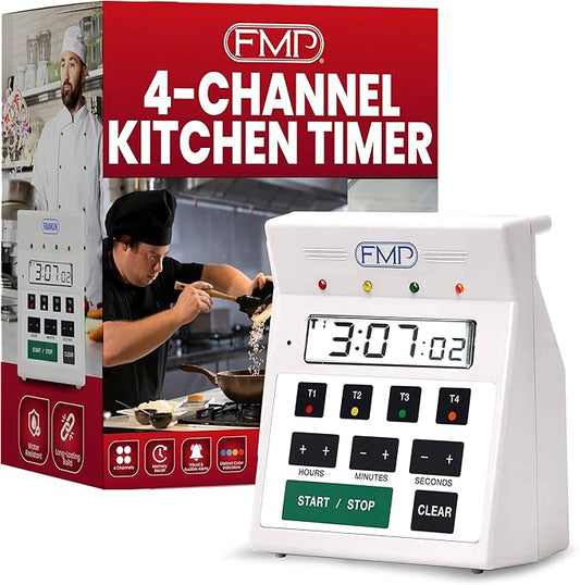 FMP Digital 4 Channel Commercial Kitchen Timer - Battery Operated Digital Countdown Timer for Kitchen, Cooking, Restaurant, Classroom – Water Resistant - 7-Inch, White - 151-7500 by FryOilSaver Co