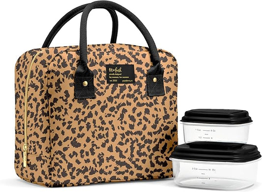 Fit & Fresh Bloomington Lunch Bag for Women - Insulated Large Lunch Box for Work with Containers, Leak-Resistant, Stain-Resistant, Zipper Closure, Cheetah