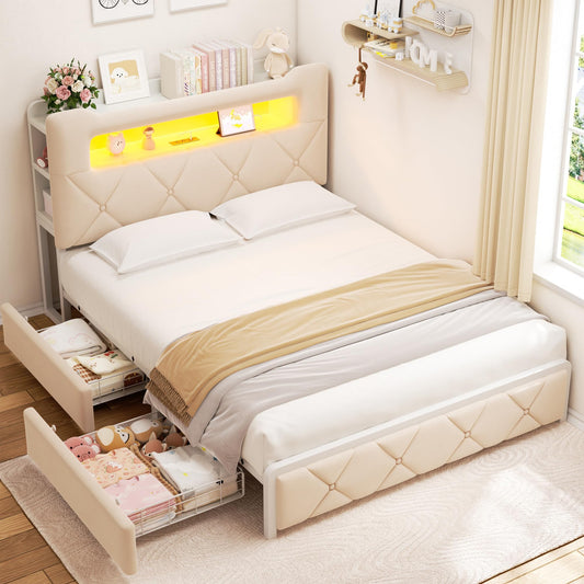 Full Upholstered LED Bed Frame with 2 Storage Drawers and 2-Tier Storage Headboard, Velvet Princess Platform Bed with Charging Station & Bookcase,Heavy Duty Metal Support,No Box Spring Needed,Beige