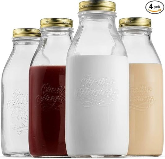 Bormioli Rocco Quattro Stagioni Glass Milk Bottle 33.75 Ounce/1 Liter with Airtight Lid, Great For Kombucha Brewing Bottle, Beer, Homemade Juicing, Smoothies, Beverages, Durable Construction. (4 Pack)