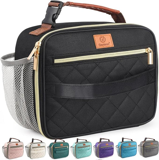Genteen Lunch Box for Men Women Adults Kids - Insulated Small LunchBox Reusable, Zip Closure & Buckle Handle, Portable Cooler for Work, School, Travel (Black)