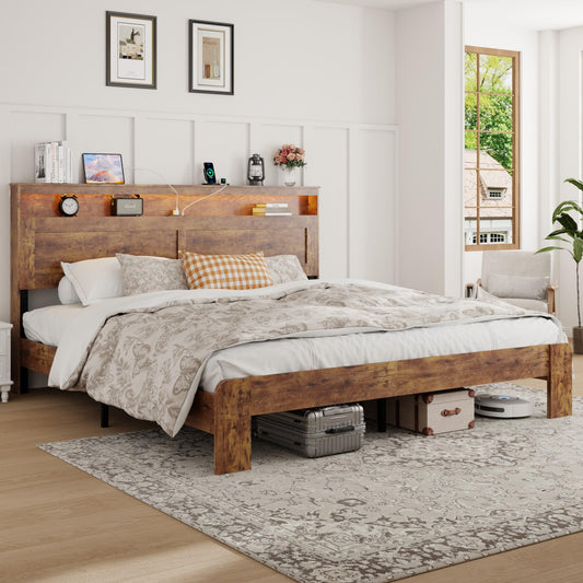 FSTAR King Size Wooden Bed Frame with Headboard, Farmhouse Bedframe with Charging Station & Led Lights, Heavy Duty Metal Slats, Noise Free, No Box Spring Needed, Dark Brown