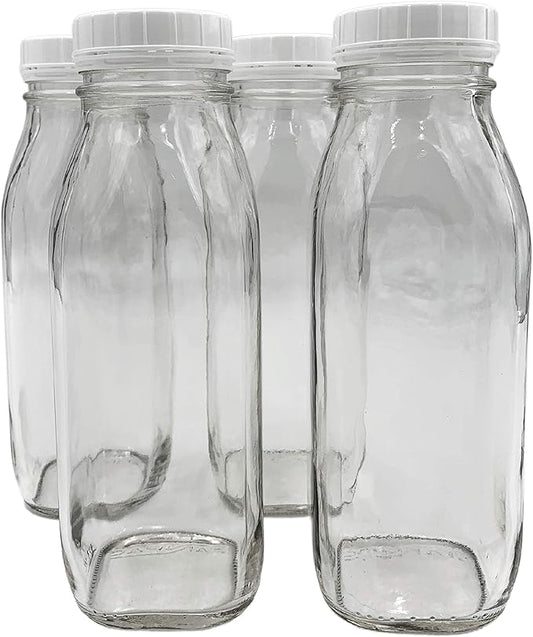 The Dairy Shoppe Glass Milk Bottle, Heavy Glass with Extra Lid, Creamery Style (4, Threaded Pint)
