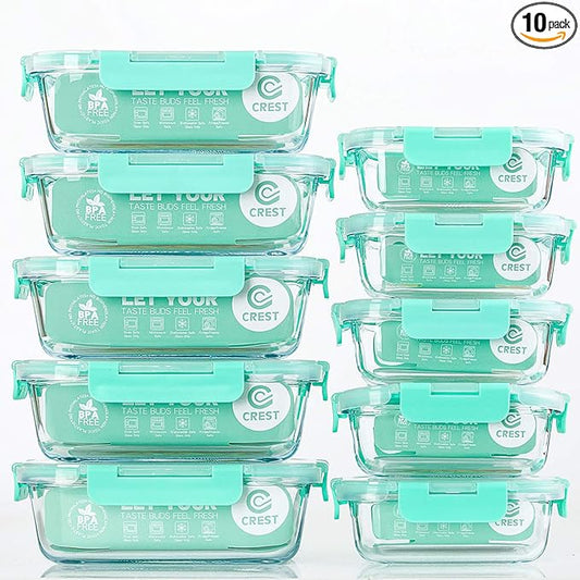 C CREST [10-Pack] Glass Food Storage Containers with Lids, Airtight, BPA Free, Meal Prep Containers for Kitchen, Home Use
