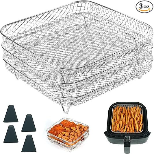 BYKITCHEN 8 inch Square Air Fryer Rack, 3pcs Stackable Stainless Steel Dehydrator Rack with Silicon Feet, Square Air Fryer Accessories for Cosori, Instant Vortex, Ninja Pro XL 6.5 QT AF181 & More