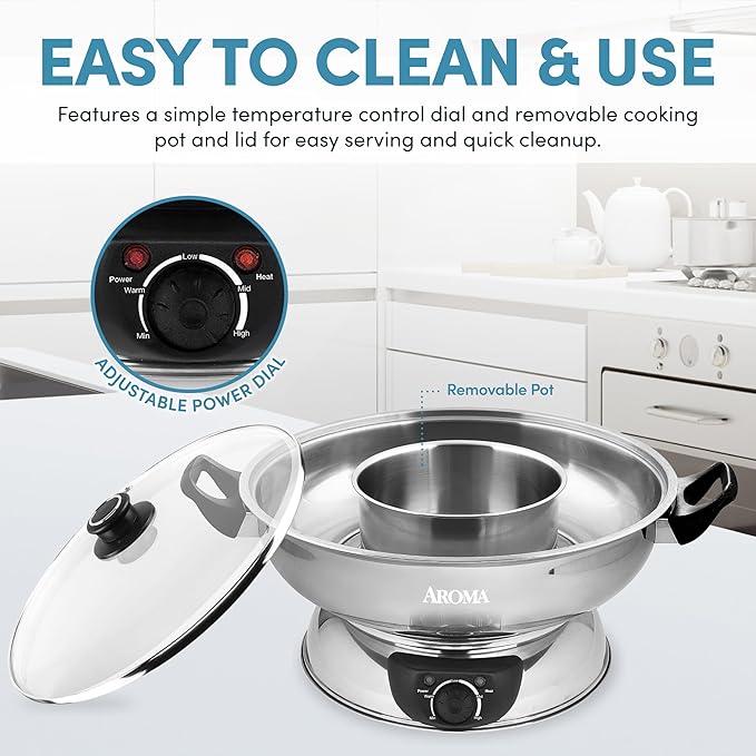 Aroma Stainless Steel Hot Pot, Silver (ASP-600), 5 quart